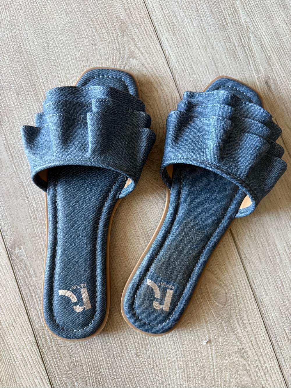 Report Dark Denim Ruffle Slide Sandals